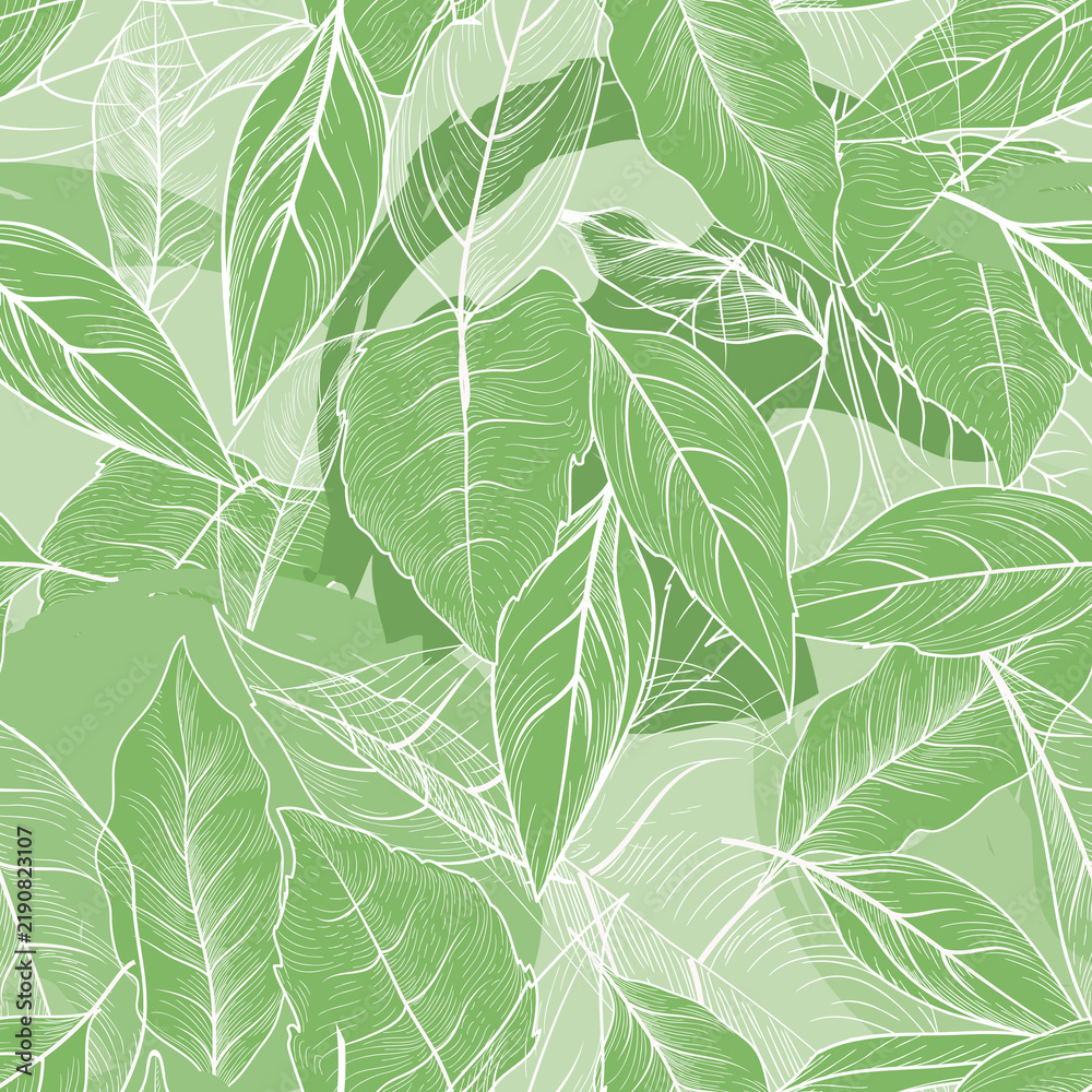 Obraz premium Seamless pattern with hand drawing leaves. Branch, leaves, herb tea flourish gentle texture. Floral nature garden textured background