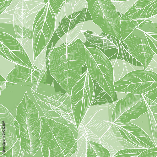 Seamless pattern with hand drawing leaves. Branch, leaves, herb tea flourish gentle texture. Floral nature garden textured background