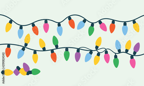 A colorful flat design vector illustration of festive string lights hanging horizontally for holiday celebrations and decorations