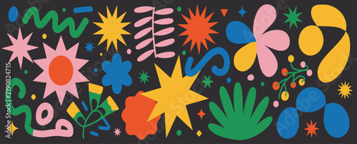 Set of abstract geometric vector elements featuring colorful organic shapes stars leaves flowers and modern flat doodle icons