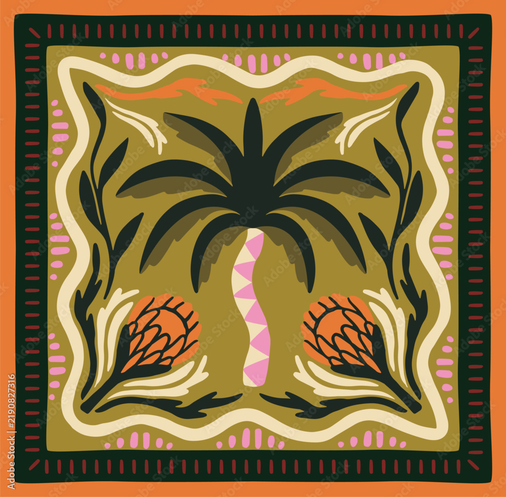 Fototapeta premium Decorative tropical tile with palm leaves, protea flowers and colorful abstract ornament in folk art style, vector illustration