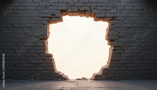 Broken Gray Brick Wall Hole Concept of Freedom and Breakthrough