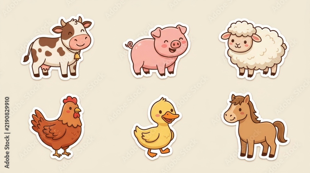 Fototapeta premium Kawaii farm animal sticker set with cute cow pig sheep and horse