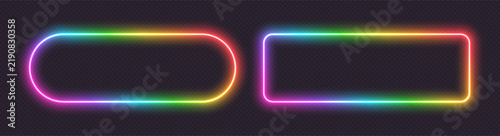 Neon glowing frames, rainbow banners light effect, bright illuminated borders. Rectangular spectrum design elements. Vector light effect.
