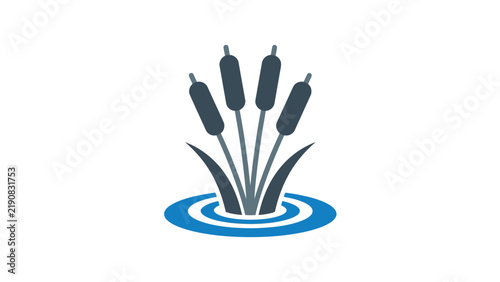 Minimalist vector icon featuring stylized cattail plants emerging from deep blue concentric ripples of water