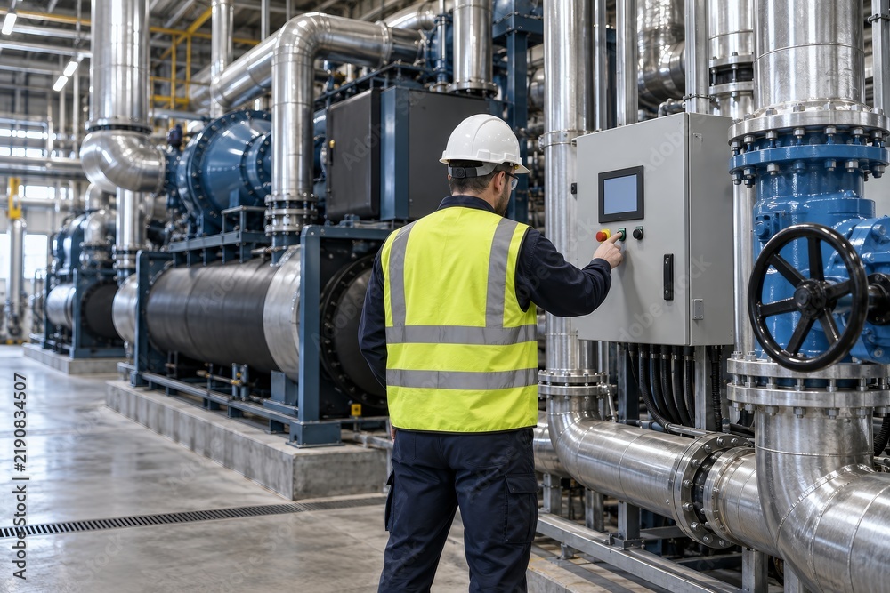 Fototapeta premium Civil engineer manager wearing a hard hat and high-visibility vest inspects an industrial cooling system.