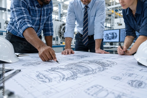Diverse engineers and technicians gather around a table to analyze engine design technical drafts in an industrial engineering facility.