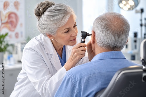 Senior female ENT specialist performs an ear examination using an otoscope on a retired man.