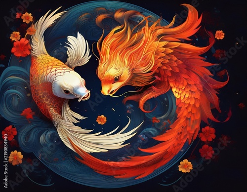 symbolic yin yang harmony of koi fish and fiery phoenix