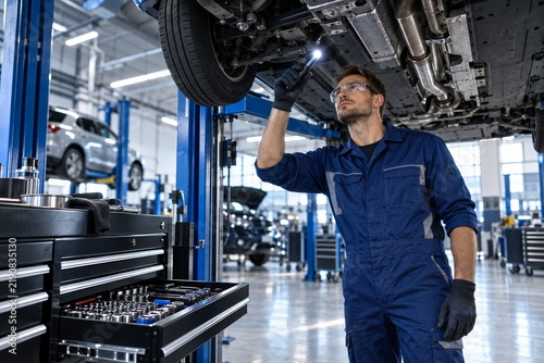Professional car mechanic using an LED lamp to inspect a vehicle on a lift in a modern workshop.