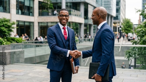 Two African American businessmen in suits and glasses shaking hands outdoors.