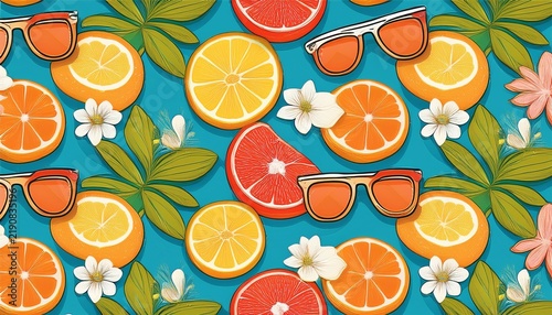 seamless pattern of summer citrus fruits sunglasses without logos and beach flowers