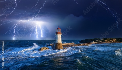 a lighthouse shining its beam of light on the stormy sea a night sky with thunder and lightning