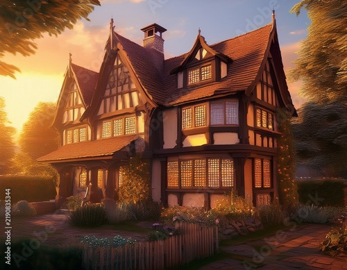 tudor exterior house design in daytime golden hour generative ai