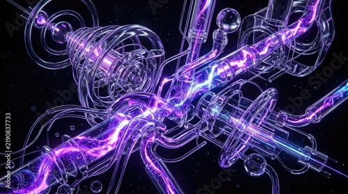 Futuristic Transparent Technology Tubes with Glowing Purple Energy Flow on Dark Background