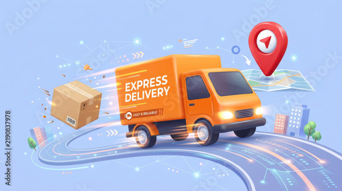 Express Delivery Truck with Parcel and Location Pin on Digital Route Illustration