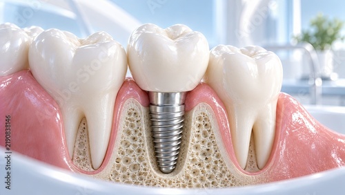 A close up 3D render illustration showing a dental implant in human jaw bone