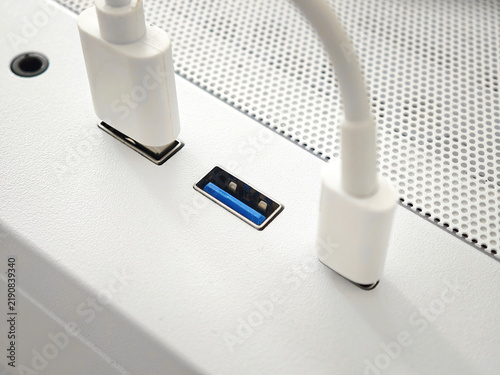 Close Up View of White USB Cables Connected to White PC Case Panel