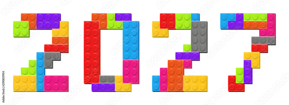 Obraz premium 2027 New Year and Christmas concept made with colored plastic constructor parts isolated. Play and build concept. Vector png