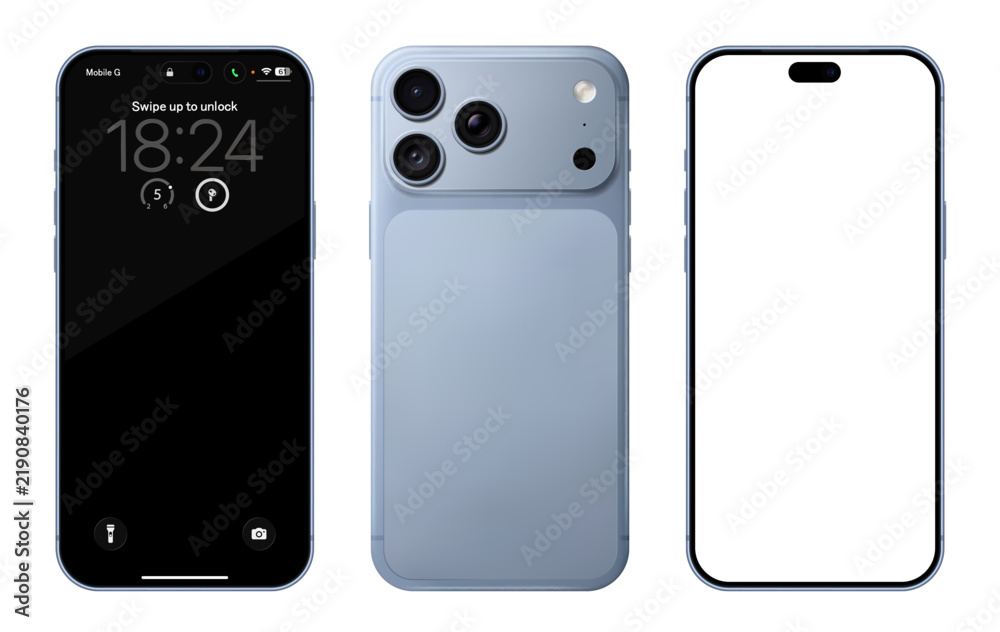 Obraz premium Detailed blue mobile phone mockup. Front and rear view isolated on transparent background. Vector PNG