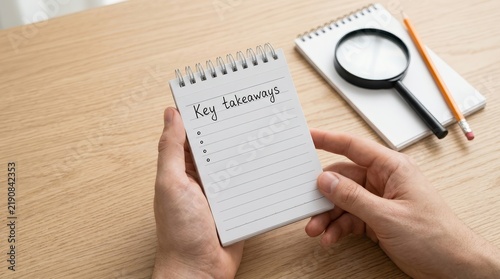 Top view of hands presenting a note with key takeaways written on white paper.