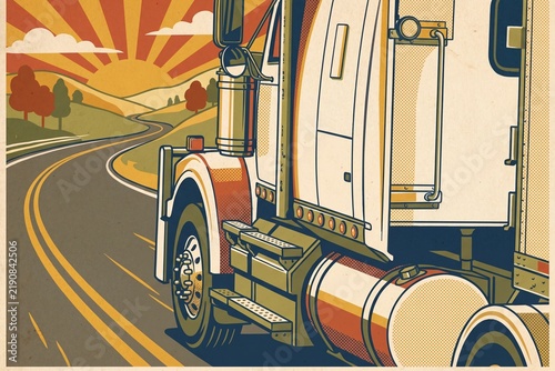 Semi truck driving on a winding highway through countryside hills towards a rising sun
