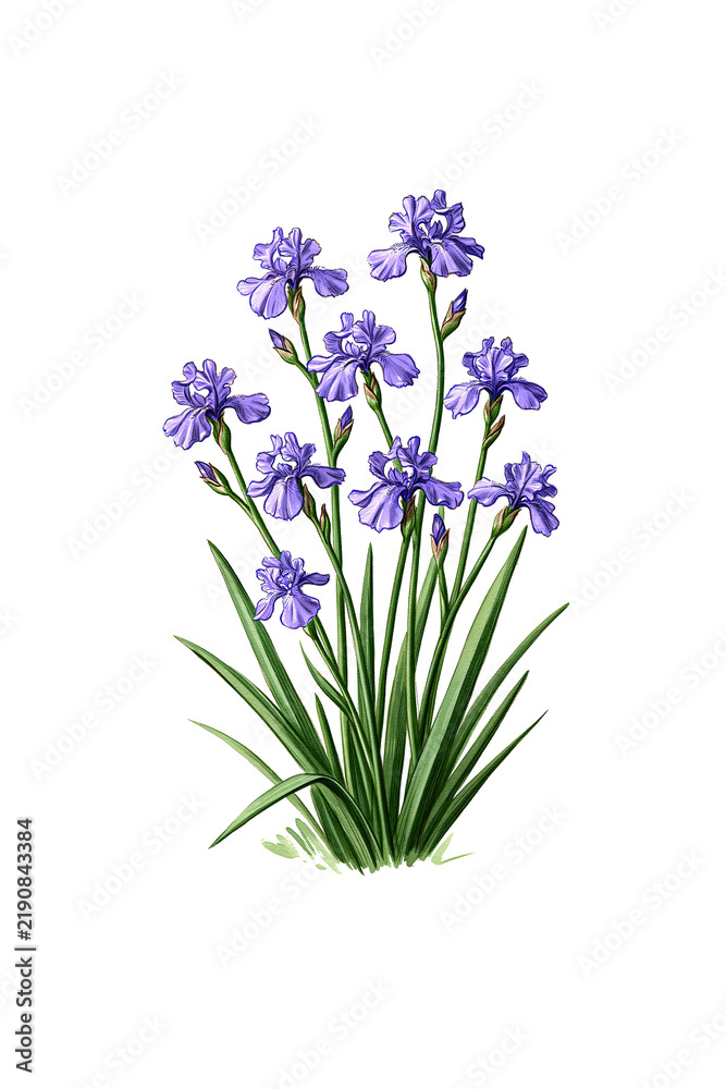 Obraz premium Decorative botanical illustration of multiple purple iris flowers with long green leaves isolated on transparent background for floral and garden design projects.