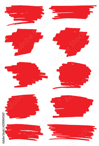 Red hand drawn brush strokes vector set with rough paint texture