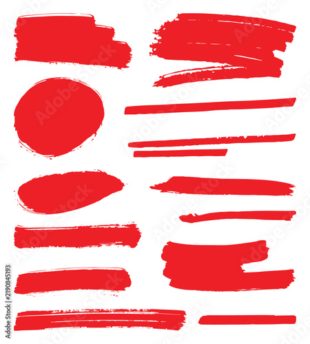 Red hand drawn paint strokes, lines and abstract shapes vector set