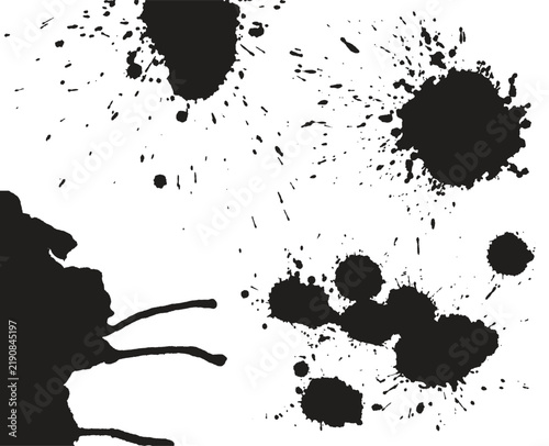 Set of hand drawn grunge style vector elements splashes, spots, and marks (black ink) on white background