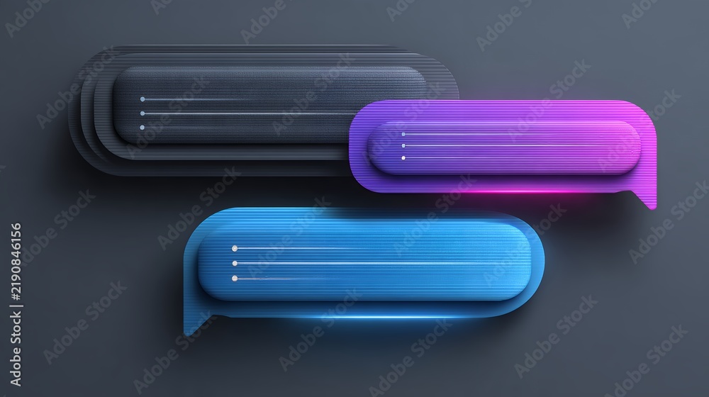Fototapeta premium Modern 3D pill shaped chat boxes in grey purple and blue colors, futuristic sleek messaging interface and communication concept