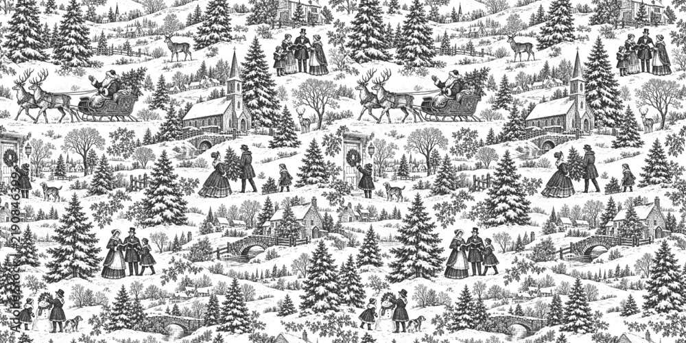 Fototapeta premium Seamless vector pattern with traditional European Christmas scenes. Vintage engraving or ink drawing style vector illustration.