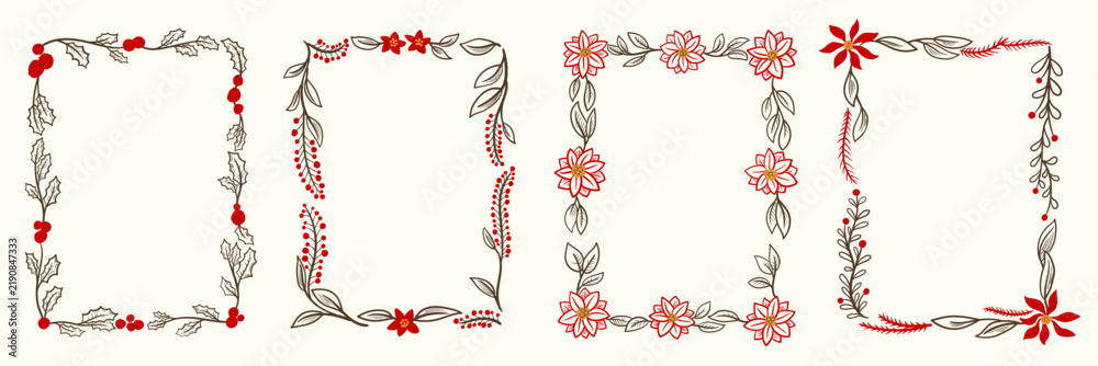 Naklejka premium Christmas Floral Frame Set Hand Drawn