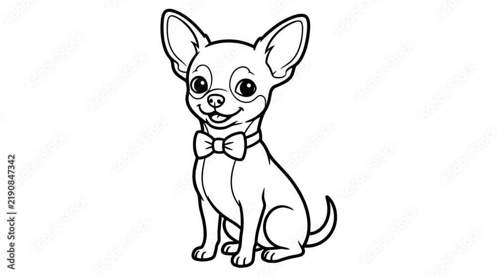 Obraz premium Cute cartoon chihuahua dog wearing a bow tie, sitting, line art illustration on white background