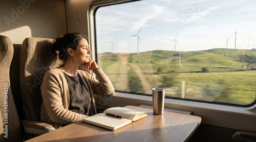 Woman looking out of train window at scenic green hills with wind turbines during sustainable journey