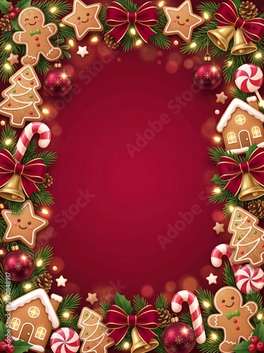 3D gingerbread and candy cane Christmas frame on red background