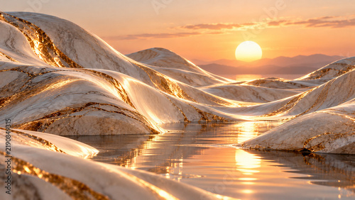 Dunes minérales blanches et dorées baignées par une lumière chaude