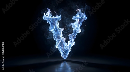 Letter V formed by blue fire and smoke on a dark reflective surface.