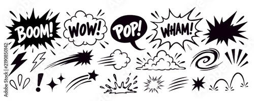Hand drawn comic speed effect vector set with cartoon explosion bursts, motion lines, smoke puffs, swirls and action accents for pop art, posters, stickers, comics and social media design projects