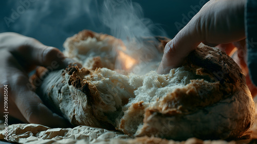 Fresh Bread Being Torn Apart, Steam Rising From The Inside, Moody Cinematic Low-Key Lighting, Telephoto Compression, Tight Framing, Cool Muted Blue-Gray Palette, Photorealistic