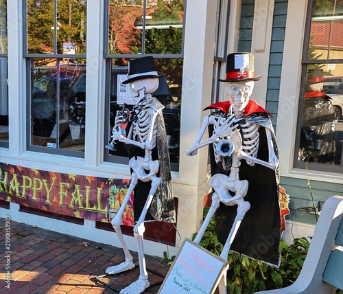 Skeleton in fall display of Halloween
