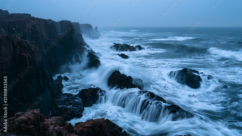 Fototapeta premium Coastal Cliffs Battered By Ocean Waves During A Dramatic Storm, Blue Hour Twilight Glow, Wide-Angle 24mm Lens, Expansive View, Cool Muted Blue-Gray Palette, Photorealistic, Ultra-Detailed