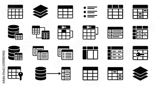 Database and table icons set for data management and organization