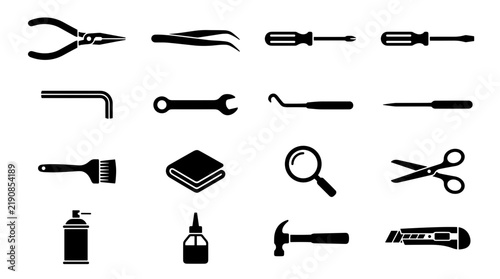 Collection of common tools and repair items in black and white silhouette icons