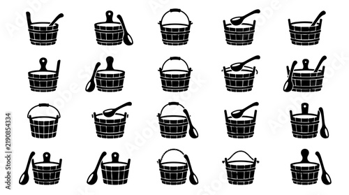 Collection of Sauna Buckets and Ladles Black and White Icons