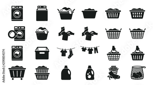 Laundry Icons Set Washing Machine Basket Clothes Detergent and Drying Line