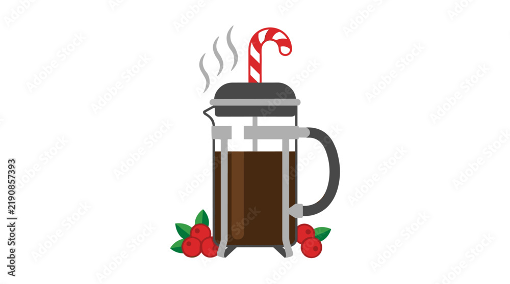 Obraz premium Flat design vector illustration of a French press coffee maker with steam and berries, isolated on white