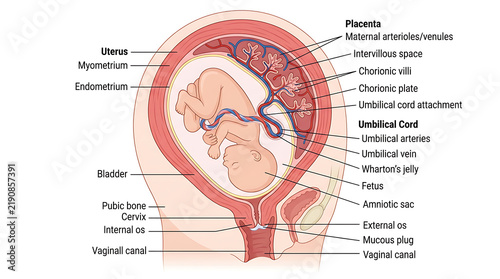 Obraz na płótnie Anatomical diagram of a human fetus inside the uterus showing placenta and umbil