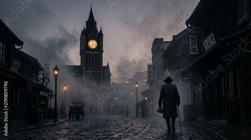 Taisho Era Japan Mysterious Figure Walking on a Foggy Historical City Street