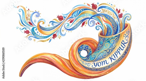 Yom Kippur Day of Atonement greeting with imaginative colorful gouache design on white background